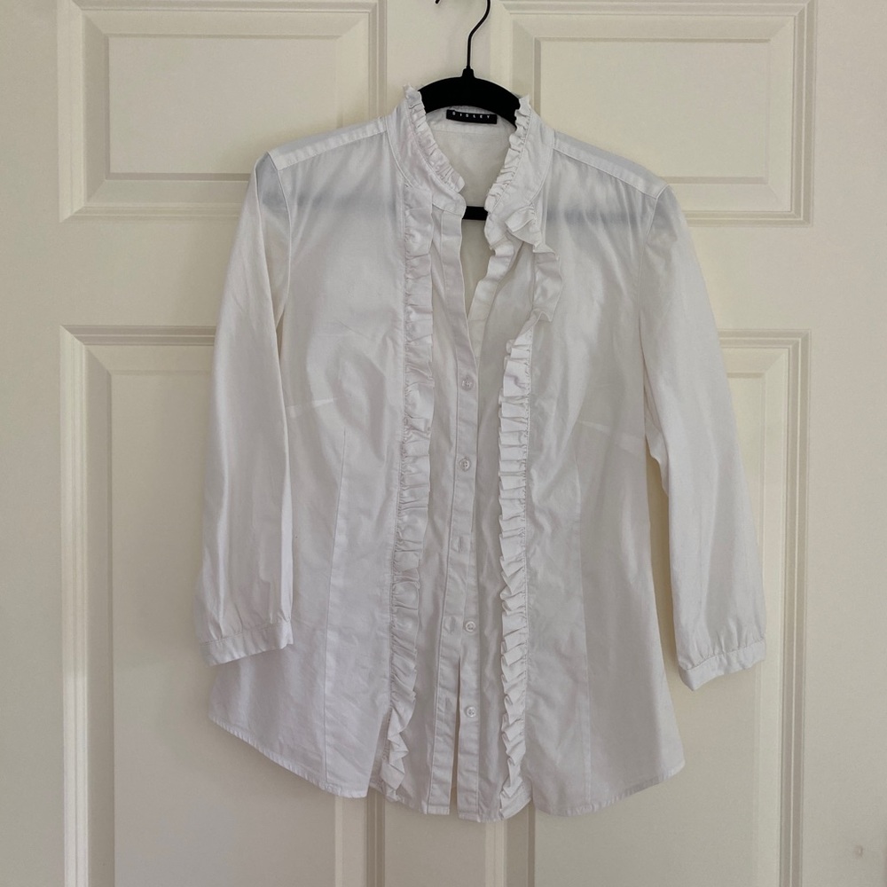 NWOT Sisley white ruffled button down blouse.